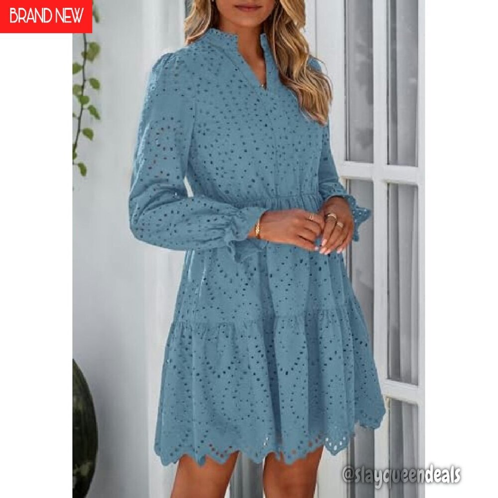 Long Puff Sleeve Mini Dress Lace V Neck A Line Ruffle Casual Party - Picture 5 of 8